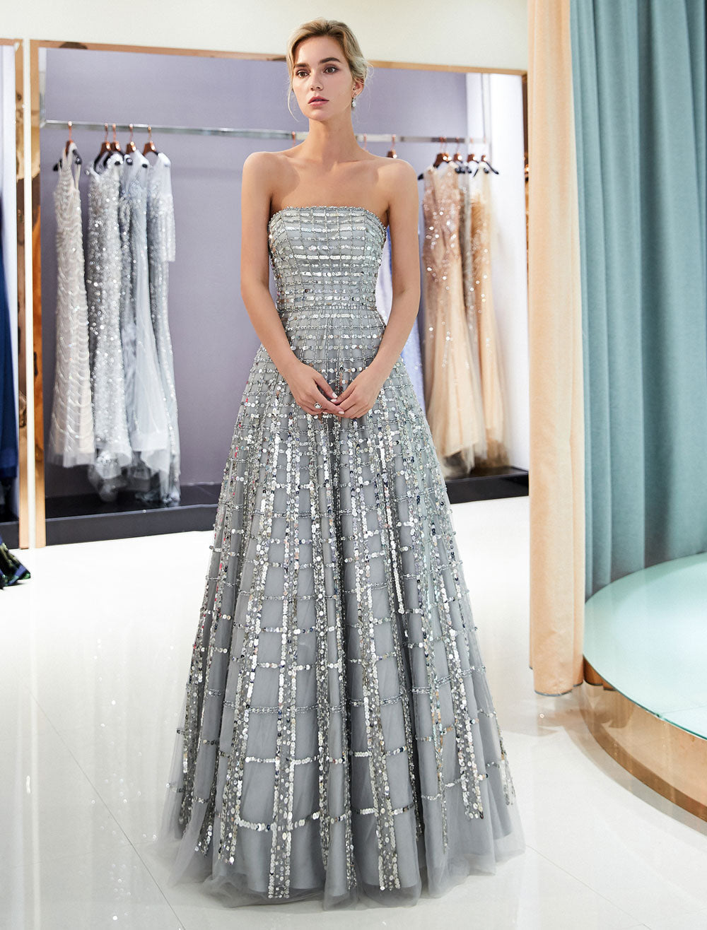 Modern Evening Dresses Long Strapless Sequin Light Grey Floor-Length Luxury Women Pageant Dress