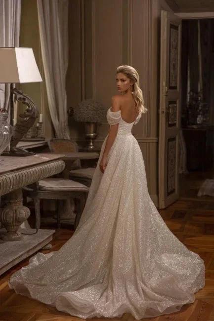 Modern Long A-line Off-the-shoulder Glitter Sleeveless Wedding Dresses (ZD14898)