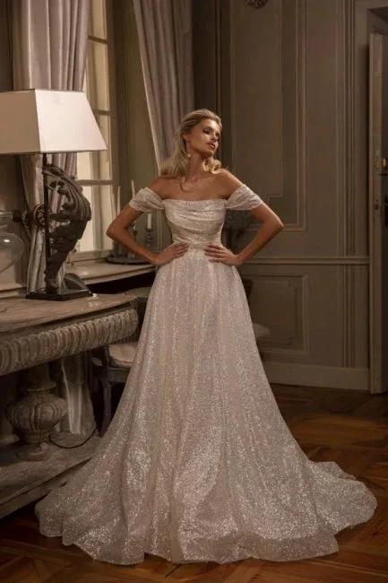 Modern Long A-line Off-the-shoulder Glitter Sleeveless Wedding Dresses (ZD14898)