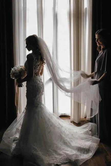 Modern Long Mermaid Sleeveless Appliques Wedding Dresses With Lace (ZD14988)