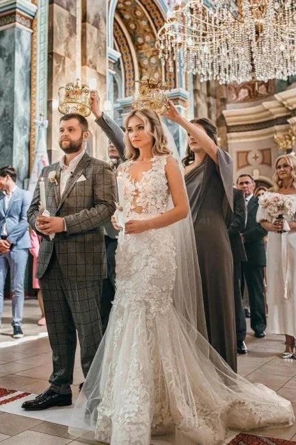 Modern Long Mermaid Sleeveless Appliques Wedding Dresses With Lace (ZD14988)