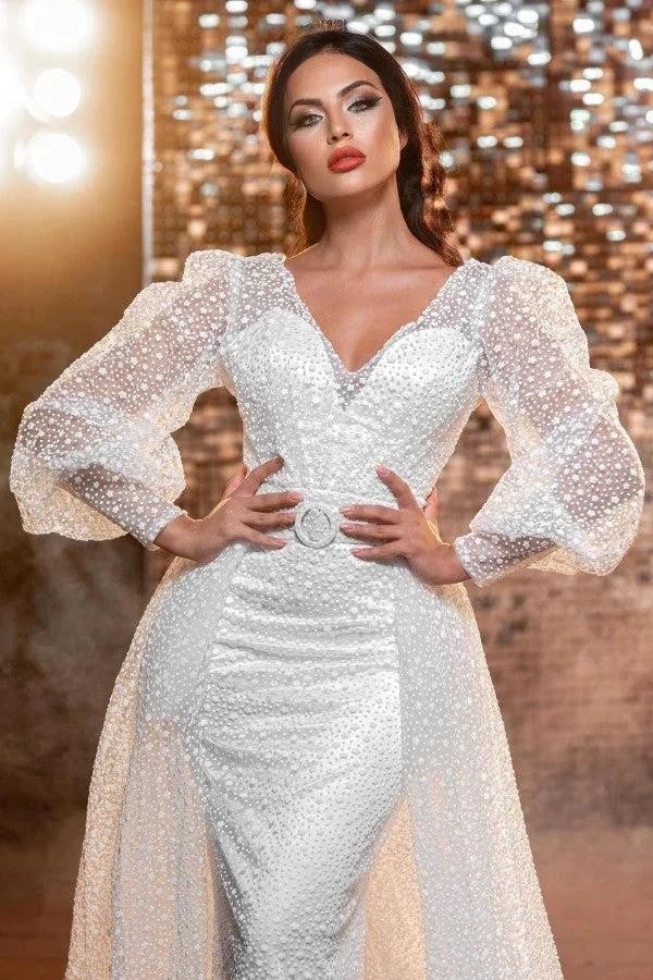 Modern Long V-neck Glitter Wedding Dresses With Long Sleeves (ZD14830)