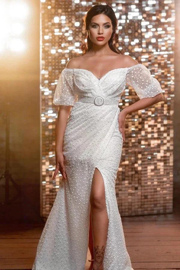 Modern Long V-neck Glitter Wedding Dresses With Long Sleeves (ZD14830)