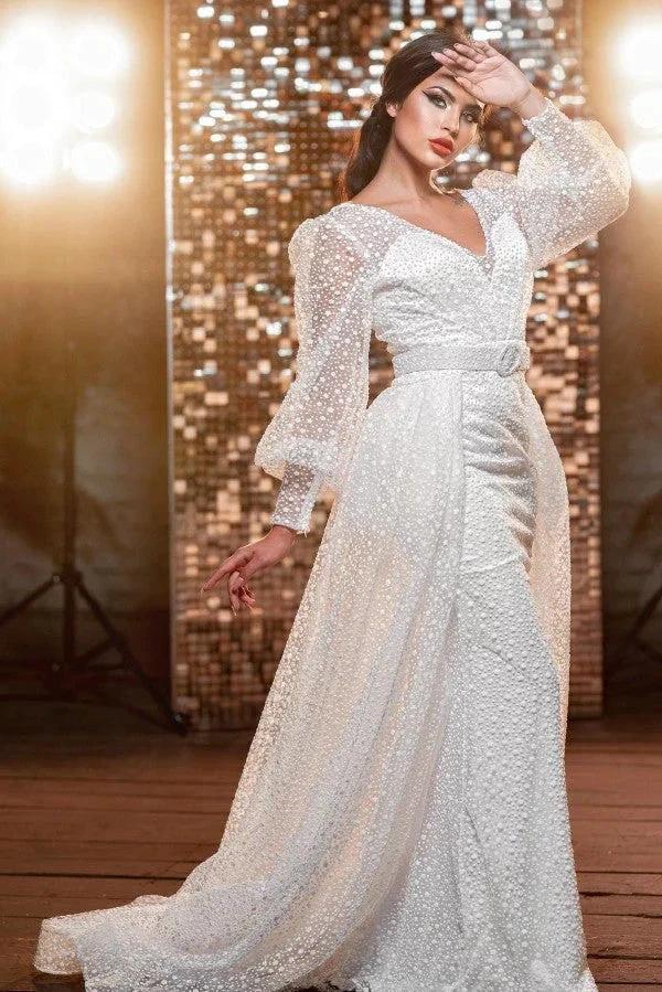 Modern Long V-neck Glitter Wedding Dresses With Long Sleeves (ZD14830)