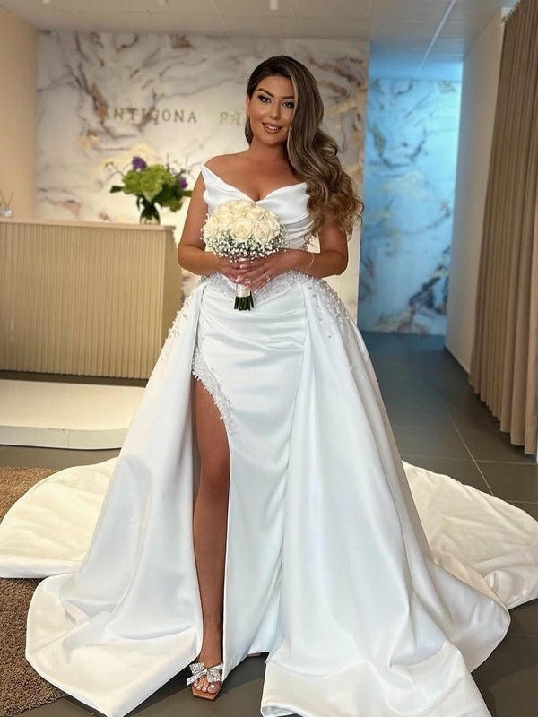 Glam Off The Shoulder Ruched Beaded Satin Wedding Dress