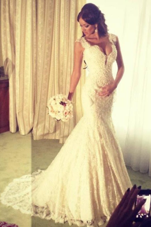 Modern Mermaid V-Neck Wedding Dress Sparkly Lace Bridal Gowns