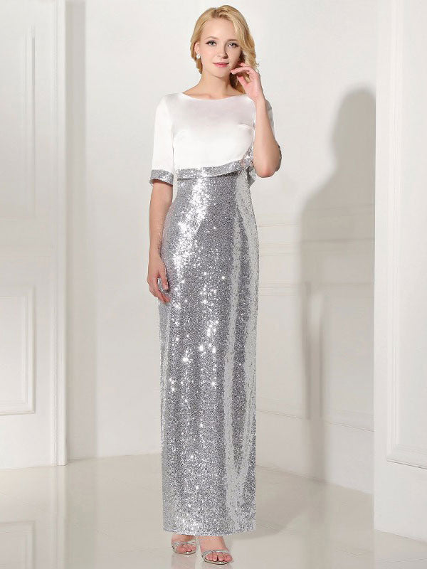 Modern Silver Evening Dress Sequin 2 Piece Mother Dress Sheath Split V-Neck Flower Ankle Length Party Dress