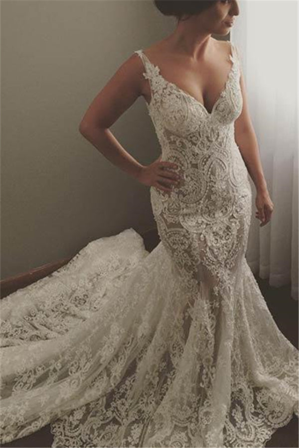 Modern Sleeveless V-Neck Wedding Dress Mermaid Bridal Gowns with Lace Appliques