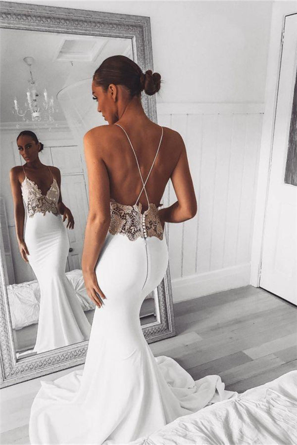 Modern V-Neck Lace Spaghetti Strap Mermaid Wedding Dress Open Back Bridal Gown