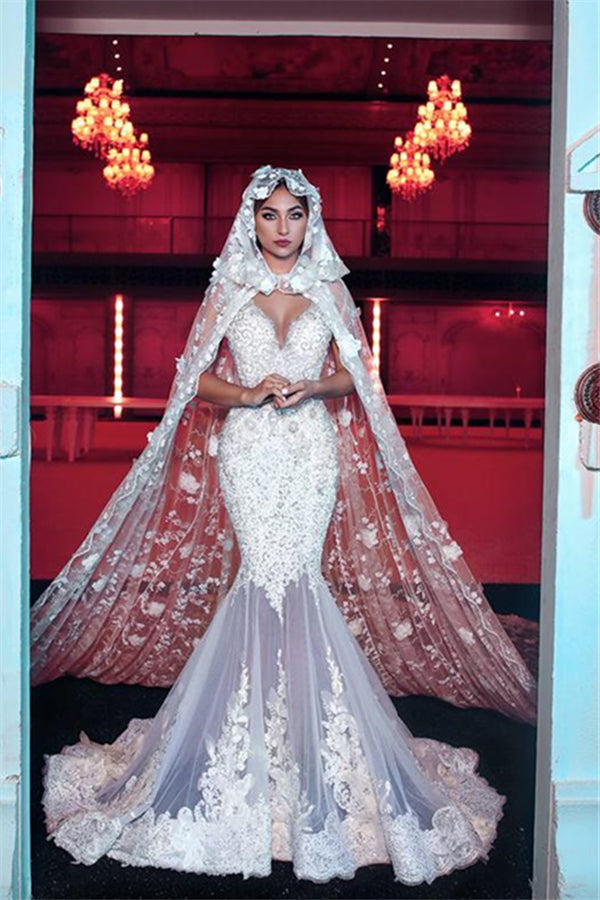 Modern V-Neck Long Wedding Dress with See through Long Train