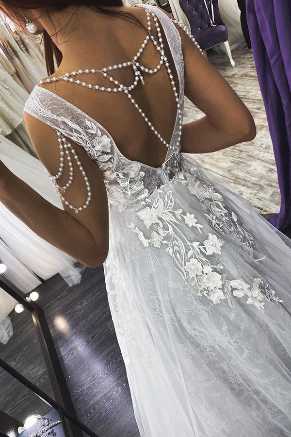 Modern V-Neck Sleeveless Aline Wedding Dress Floral Lace Bridal Dress