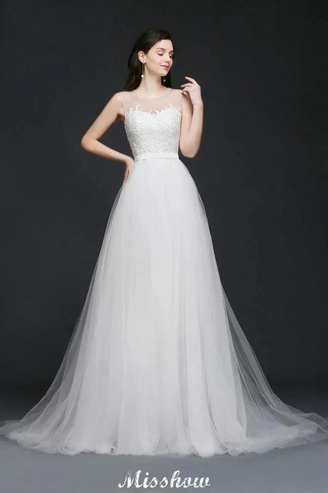 Modest A-line Illusion Lace Wedding Dress by misshow.com