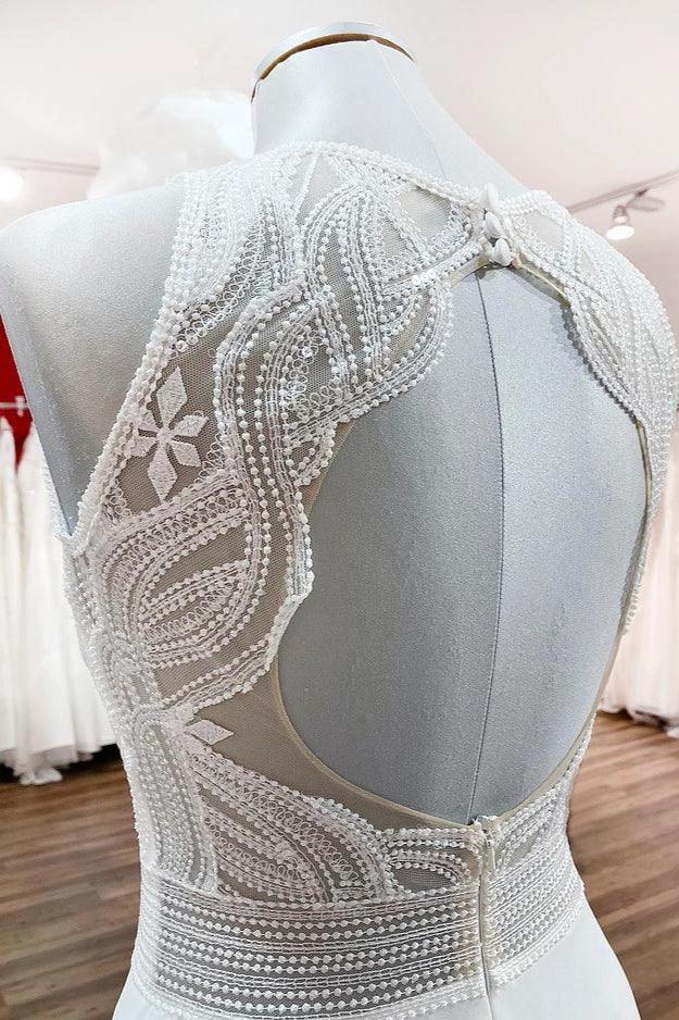 Modest Long A-line Chiffon Jewel Appliques Open Back Wedding Dress (ZD15256)