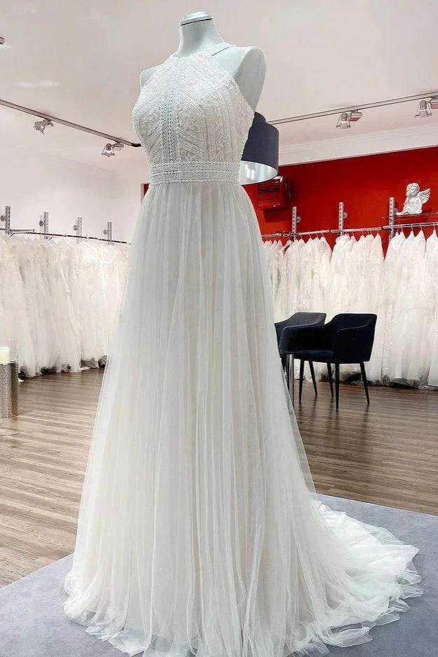 Modest Long A-line Halter Tulle Lace Backless Wedding Dresses (ZD15245)