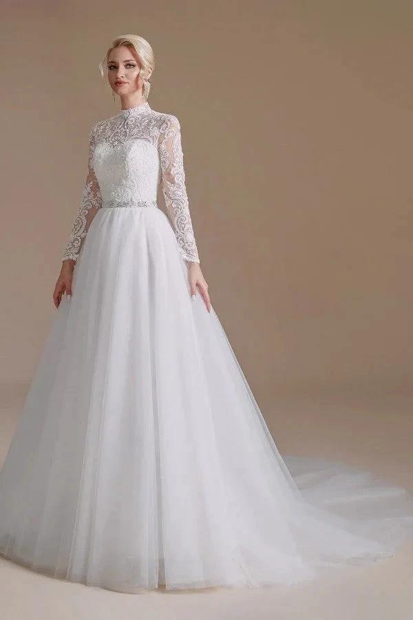 Modest Long A-line High Neck Tulle Lace Wedding Dresses with Sleeves (ZD14353)