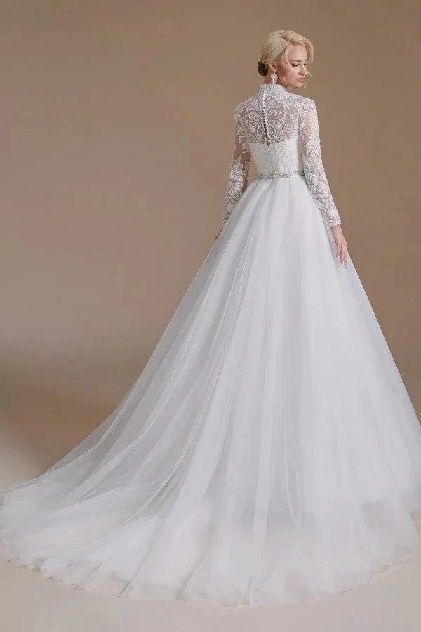 Modest Long A-line High Neck Tulle Lace Wedding Dresses with Sleeves (ZD14353)