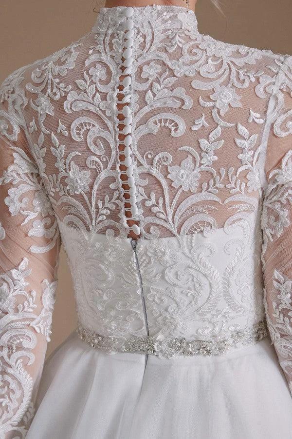 Modest Long A-line High Neck Tulle Lace Wedding Dresses with Sleeves (ZD14353)