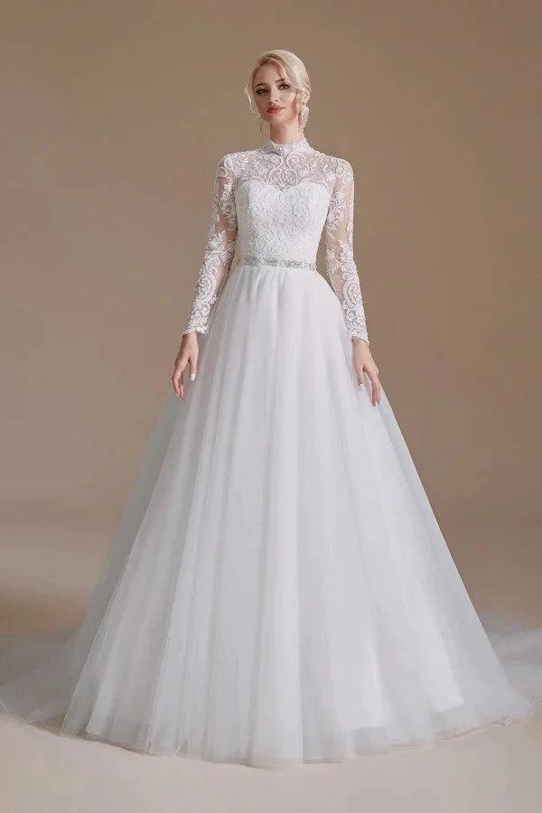 Modest Long A-line High Neck Tulle Lace Wedding Dresses with Sleeves (ZD14353)