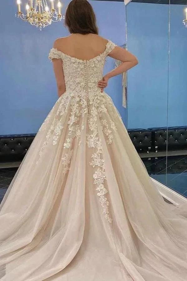 Modest Long A-line Off-the-Shoulder Tulle Lace Wedding Dress (ZD15176)