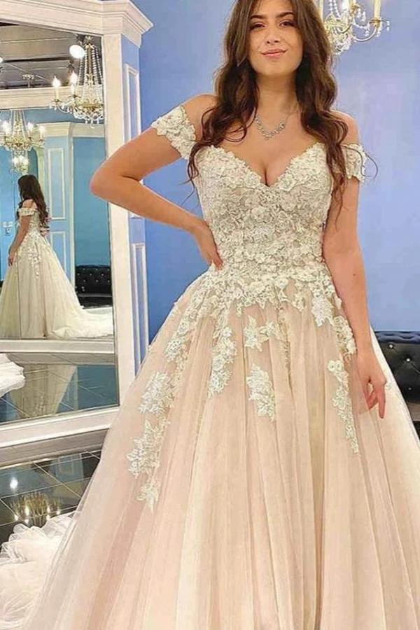 Modest Long A-line Off-the-Shoulder Tulle Lace Wedding Dress (ZD15176)