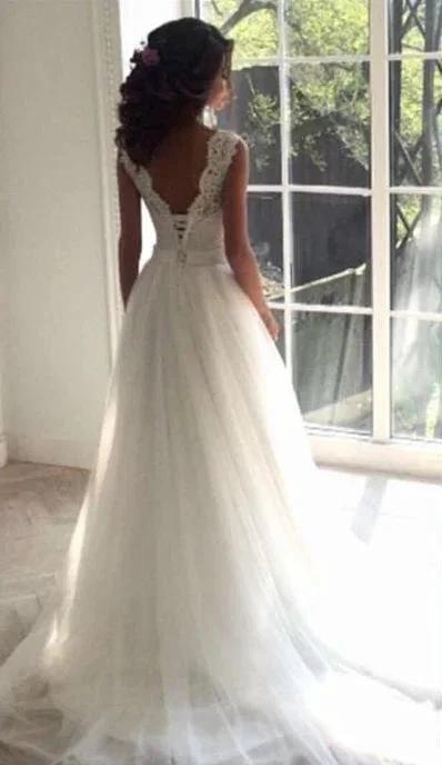 Modest Long A-line Tull Backless Lace Wedding Dress (ZD15777)