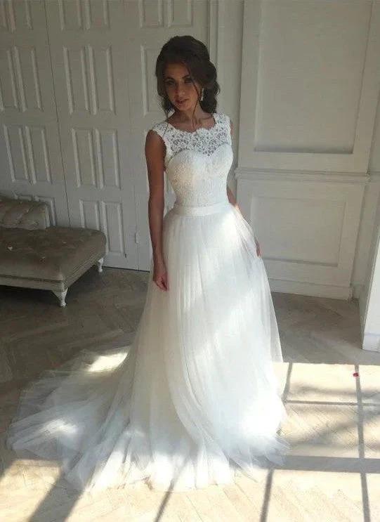 Modest Long A-line Tull Backless Lace Wedding Dress (ZD15777)