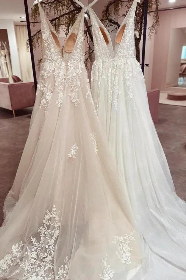 Modest Long A-line V-neck Backless Tulle Lace Wedding Dress (ZD14276)