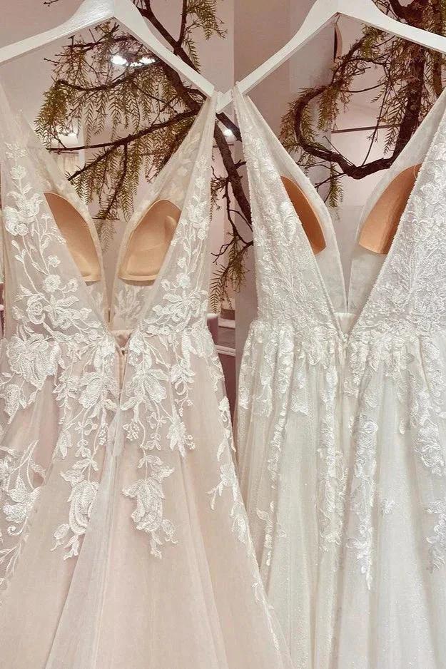 Modest Long A-line V-neck Backless Tulle Lace Wedding Dress (ZD14276)