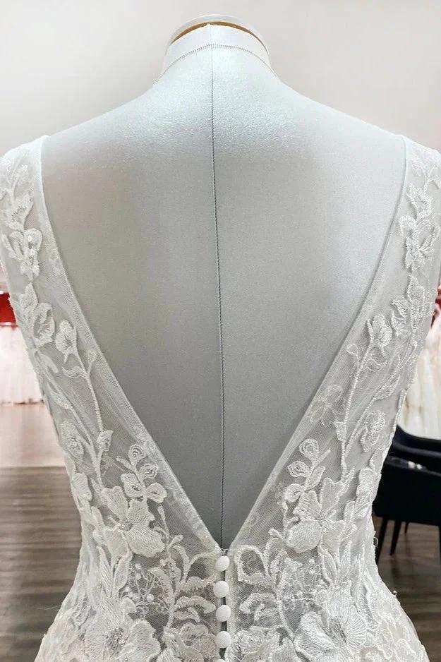 Modest Long A-line V-neck Open Back Tulle Wedding Dress with Appliques Lace (ZD14445)