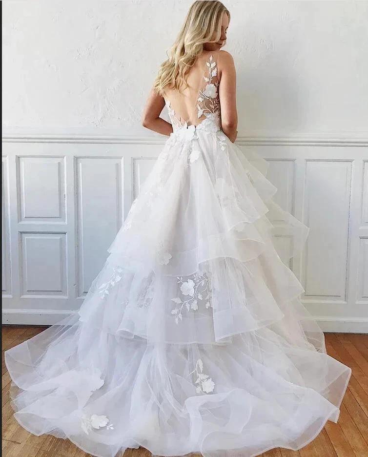 Modest Long A-line V-Neck Spaghetti Straps Tulle Backless Wedding Dress (ZD15014)