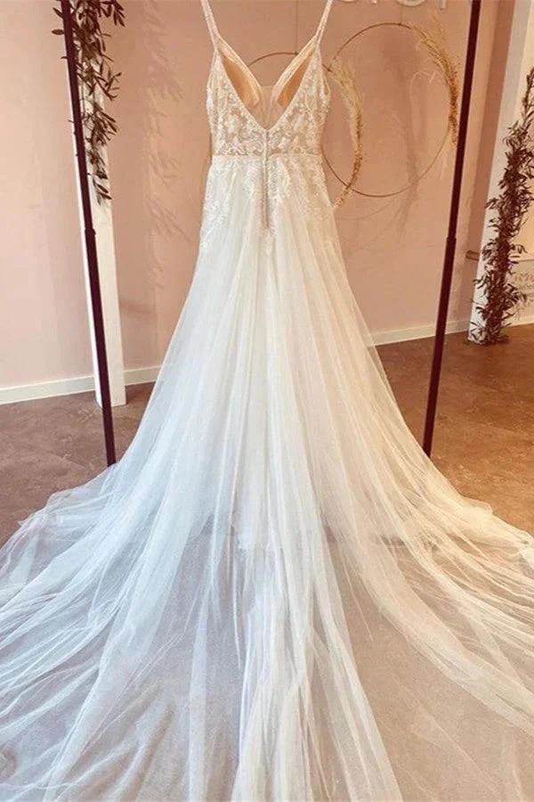 Modest Long A-line V-neck Spaghetti Straps Tulle Wedding Dress with Appliques Lace (ZD14444)