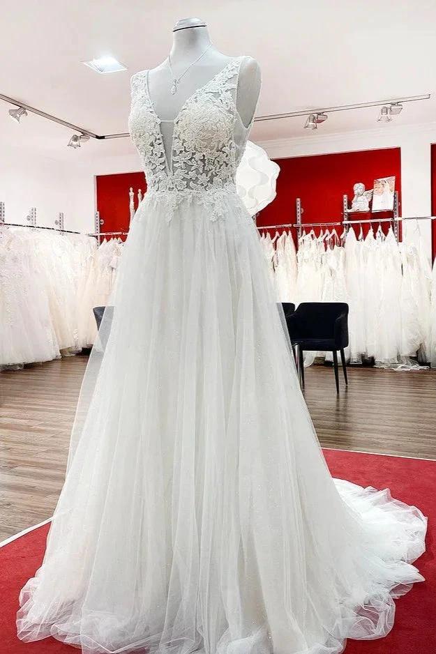 Modest Long A-line V-neck Tulle Ruffles Backless Wedding Dresses With Lace (ZD15263)