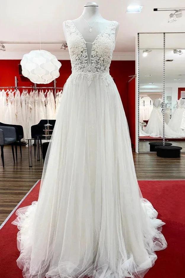 Modest Long A-line V-neck Tulle Ruffles Backless Wedding Dresses With Lace (ZD15263)