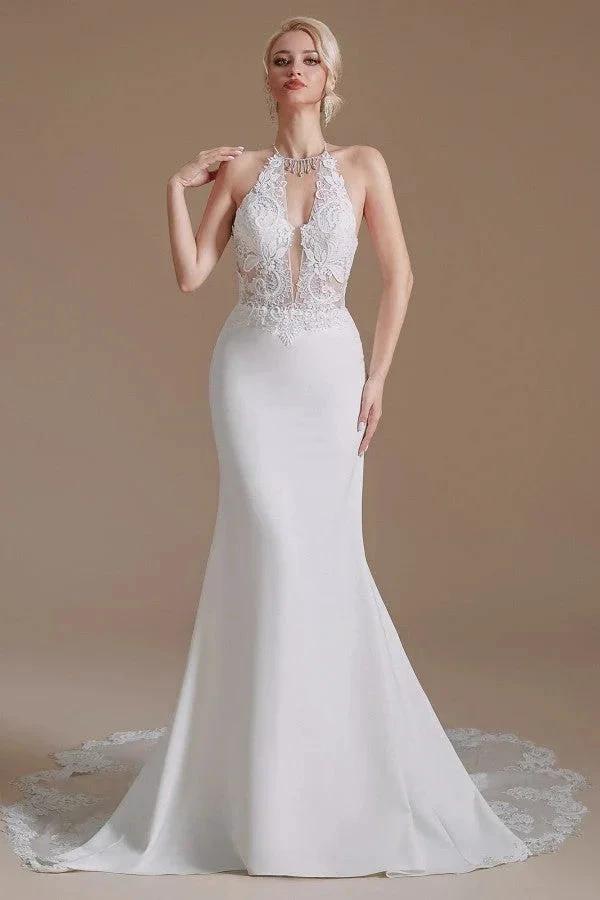 Modest Long Mermaid Halter Backless Satin Wedding Dresses with Appliques Lace (ZD14349)