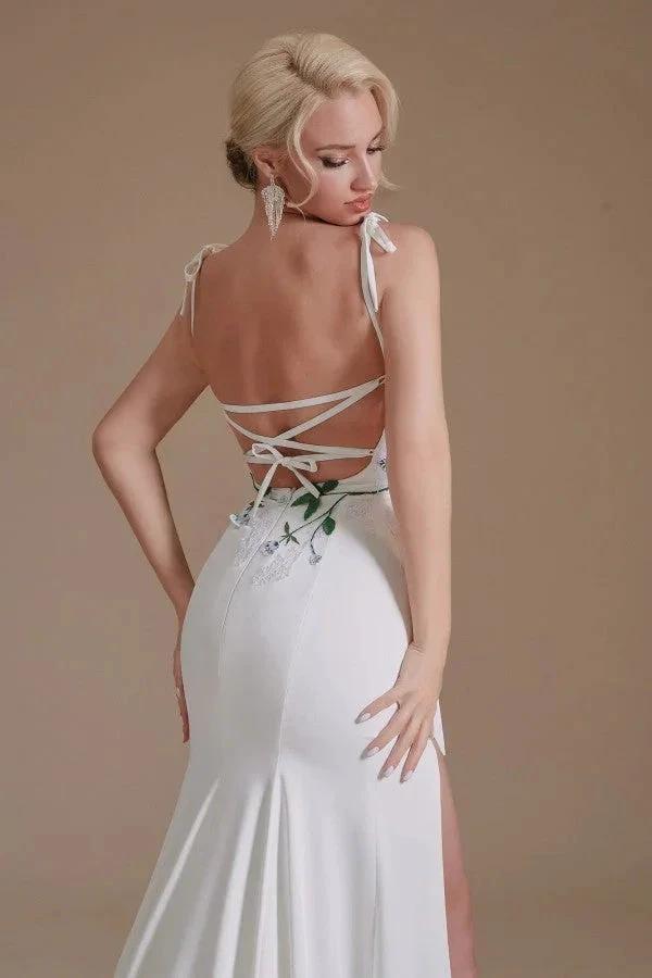 Modest Long Mermaid Satin Spaghetti Straps Open Back Wedding Dress with slit (ZD14347)