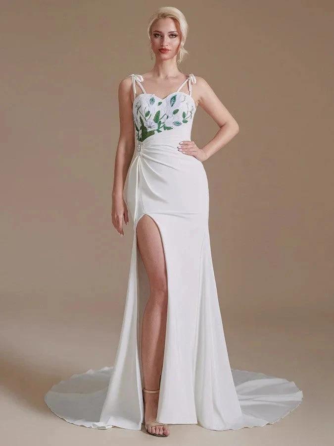 Modest Long Mermaid Satin Spaghetti Straps Open Back Wedding Dress with slit (ZD14347)