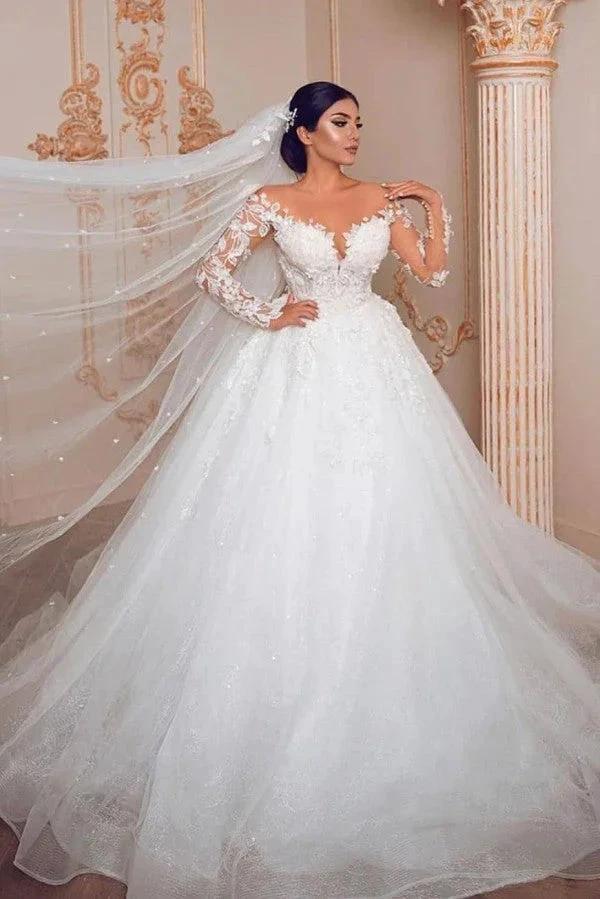 Modest Long Princess Tulle Lace Wedding Dress with Sleeves (ZD15143)