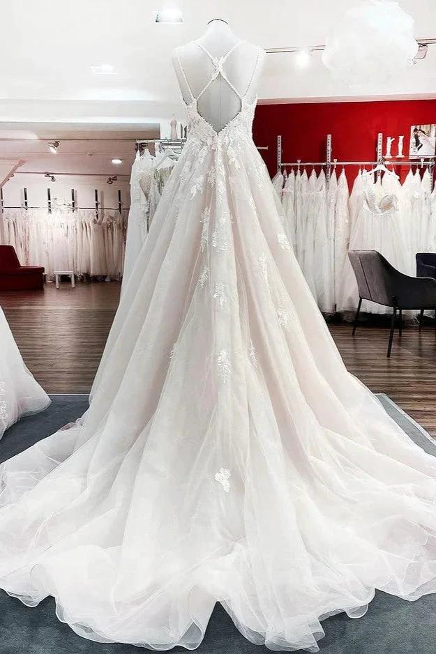 Modest Long Princess V-neck Tulle Spaghetti Straps Wedding Dress with Lace (ZD14450)