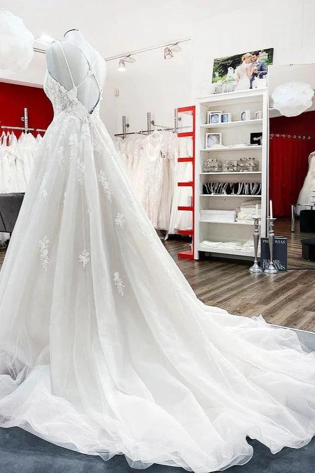Modest Long Princess V-neck Tulle Spaghetti Straps Wedding Dress with Lace (ZD14450)