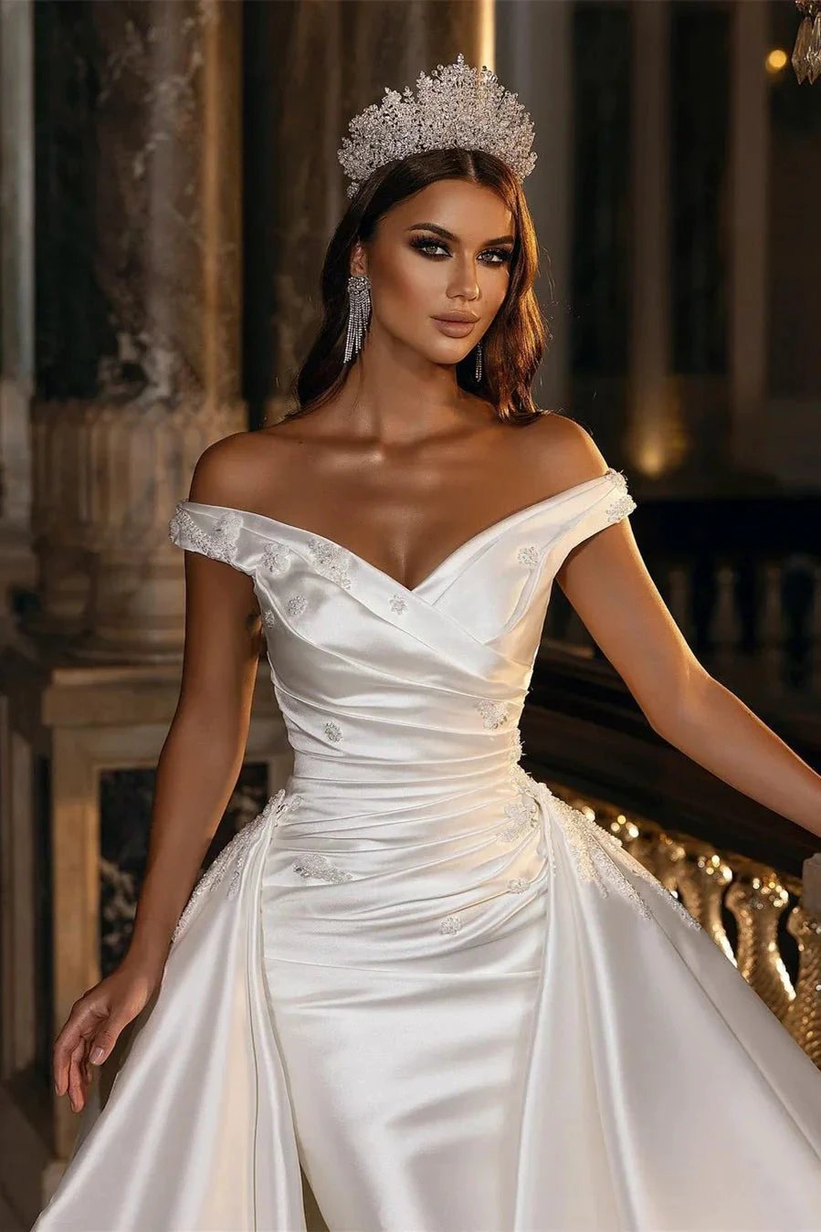 Modest Off-the-Shoulder Satin Wedding Dress with Detachable Sweep Train (ZD16418)