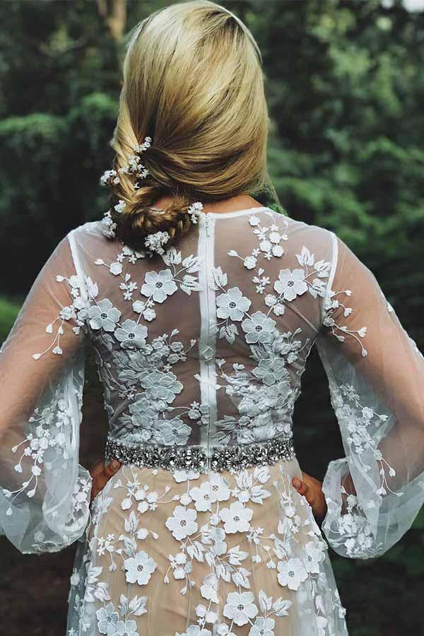 Modest V-neck White Lace Long Sleeves Wedding Dress with Beading (ZD16027)