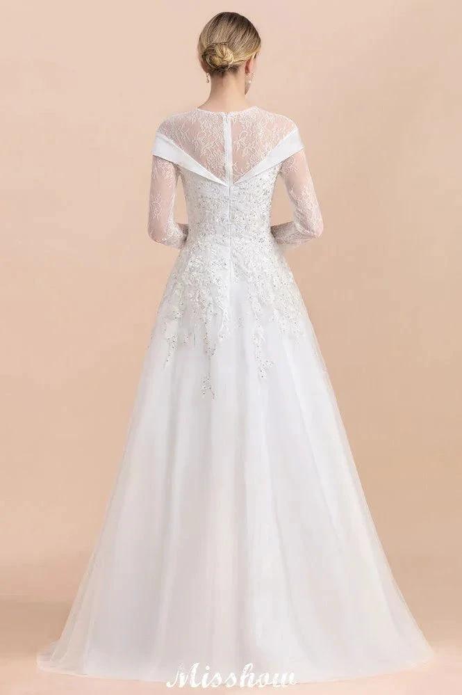 Modest White Beaded Appliques Wedding Dress Long Sleeve Floor Length Ball Gown (ZD13987)
