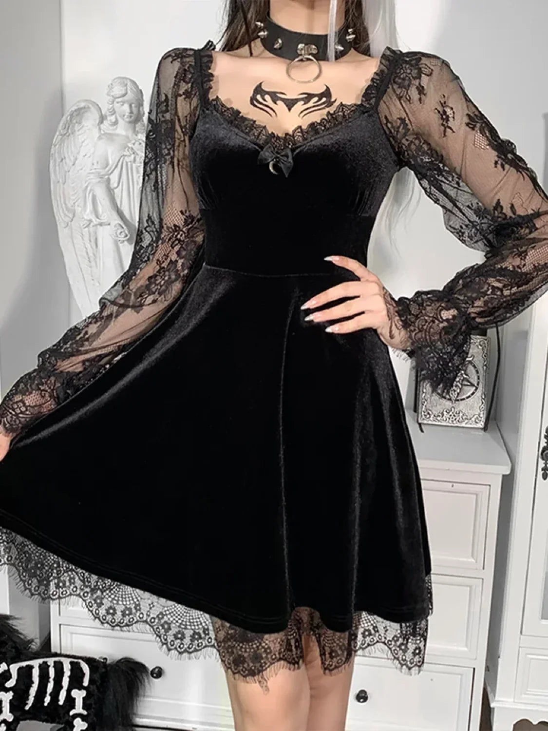 Moon Sexy Black Grunge Dark Neck Aesthetic Vintage Mini Long Sleeve Autumn Dress