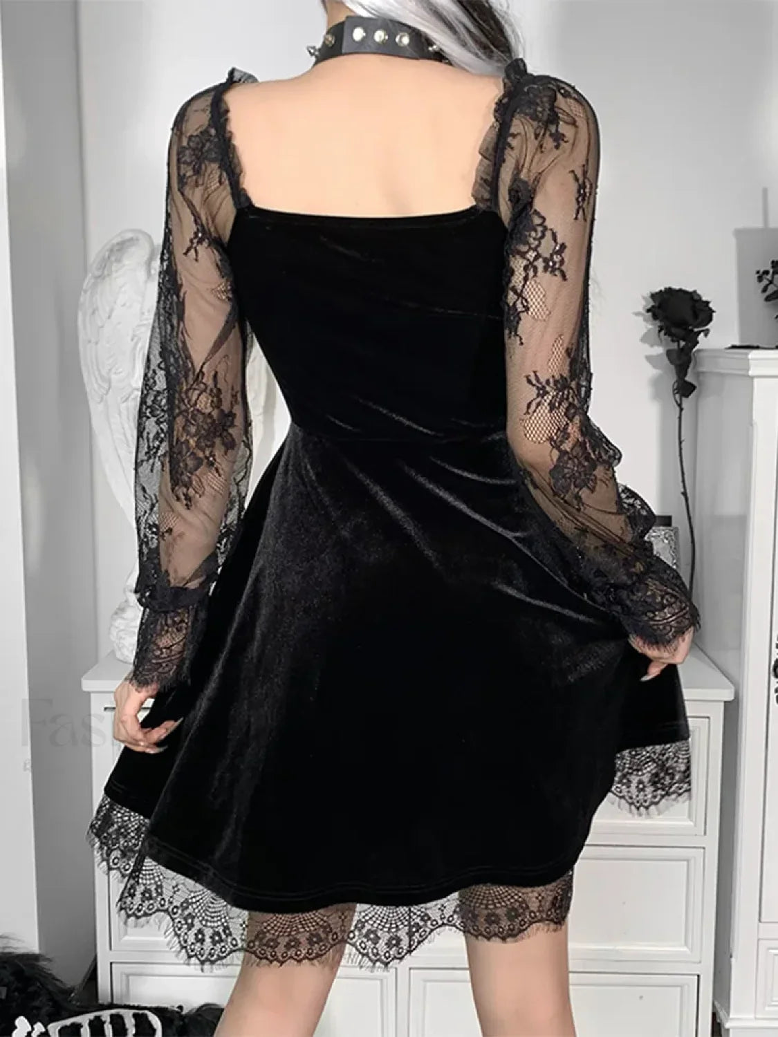 Moon Sexy Black Grunge Dark Neck Aesthetic Vintage Mini Long Sleeve Autumn Dress