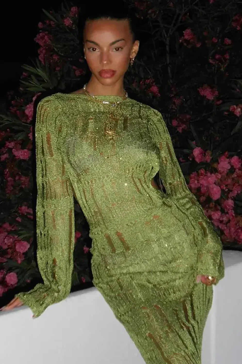Moss Green Stylish Metallic Umbra Dress