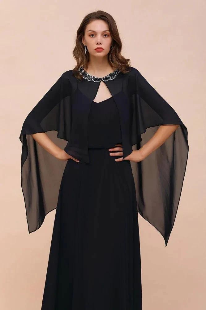 Navy Blue Bridesmaid Dress with Beading Wraps Floor Length Chiffon Maid of Honor Dress (ZD12995)