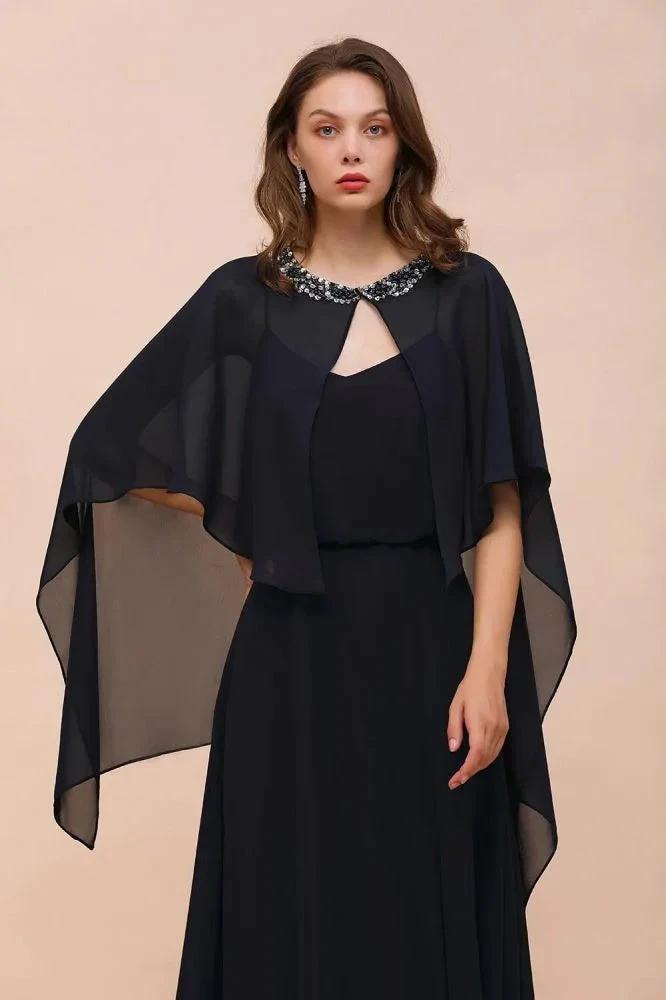 Navy Blue Bridesmaid Dress with Beading Wraps Floor Length Chiffon Maid of Honor Dress (ZD12995)