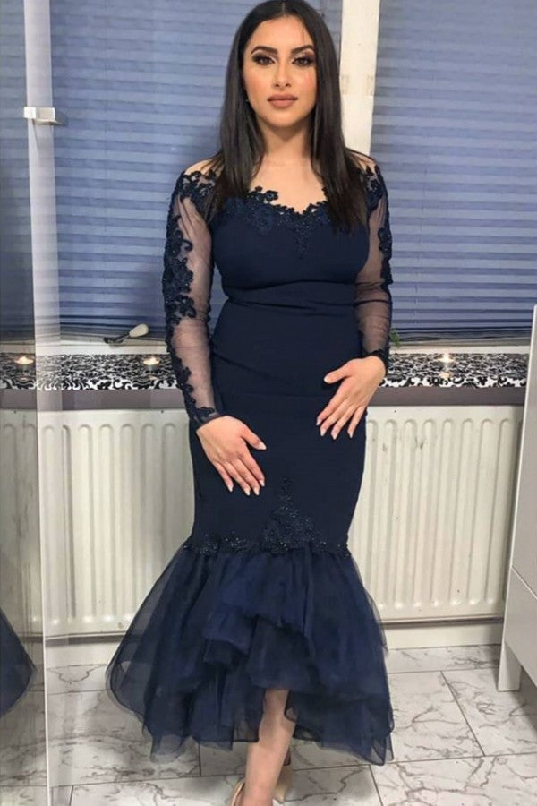 Navy Long Sleeve Mermaid Evening Dress Floor-Length