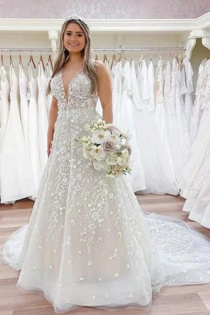Nectarean V-Neck Sleeveless A-Line Floor-Length Lace Wedding Dresses with Chapel Train (ZD14670)