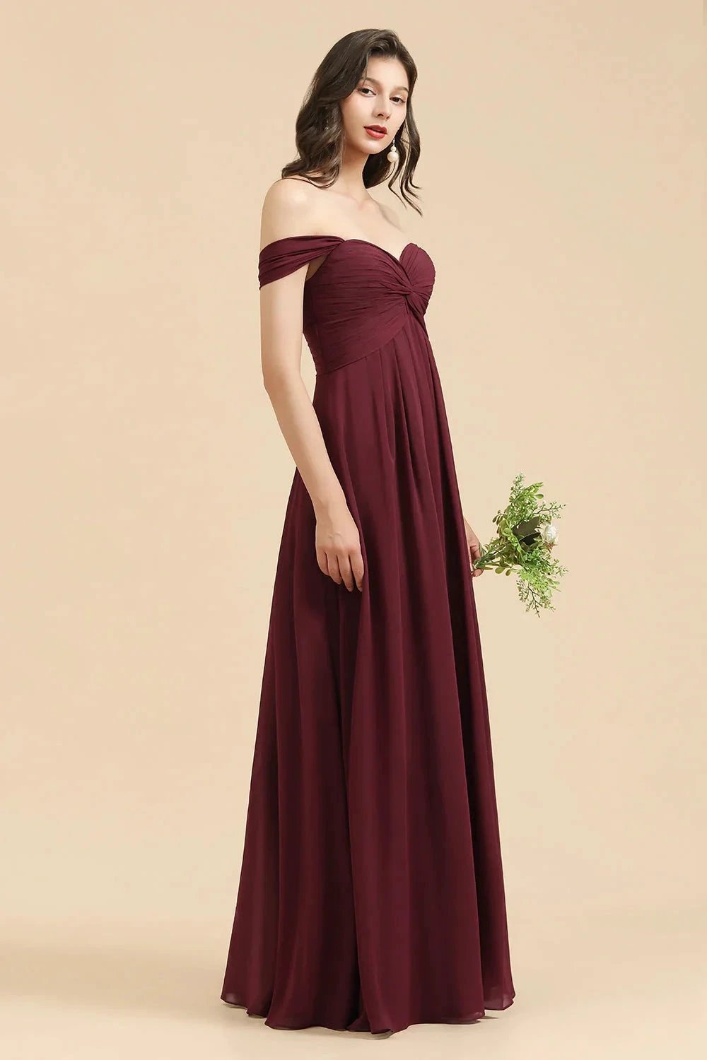 New Arrival A-line Off-the-shoulder Sweetheart Burgundy Long Bridesmaid Dress (ZD12876)
